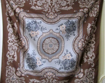 Vintage Womens Scarf Headscarf 1970s Brown Blue Floral Design 76.5 cm x 77.5 cm
