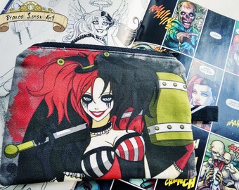 Quinntessential Madness - Harley Quinn Comic Batman - Zippered Pouch - Coin Purse Wallet - Cosmetic bag - Bianca Loran Art