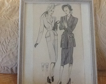 Vintage Fashion Art, ink and watercolor, original, French, Art Deco