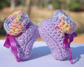 Purple Baby Booties - Purple Girl Baby Booties - Rainbow Booties - Crochet Booties - Booties With Ribbon