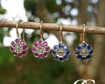 Fine Delicate Edwardian Inspired Flower Earrings with Diamonds and Ruby or Sapphire