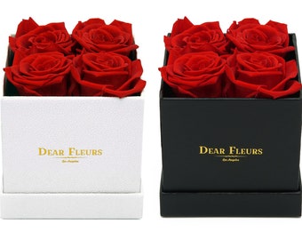DearFleurs Handmade Preserved Flower Small Square 4 Roses WHITE/BLACK BOX, Eternity Rose, Gift for Valentine's Day, Anniversary Birthday