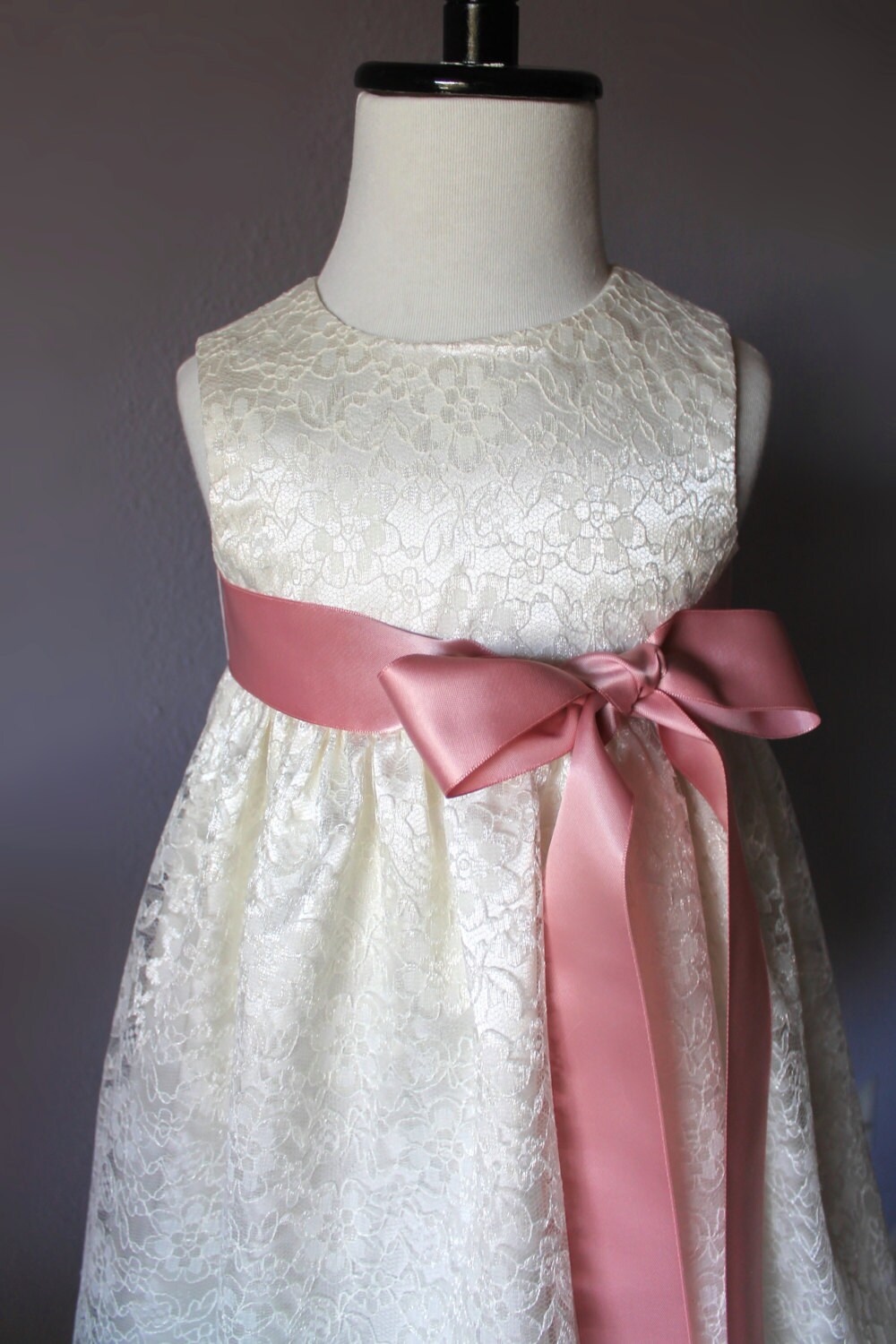 Ivory Off White Baby Flower Girl Lace and Satin Dress