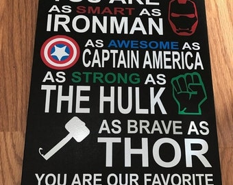 Personalized 8x12 wooden sign with multicolored personalized name vinyl lettering quote Avengers superhero you are smart as ironman as...