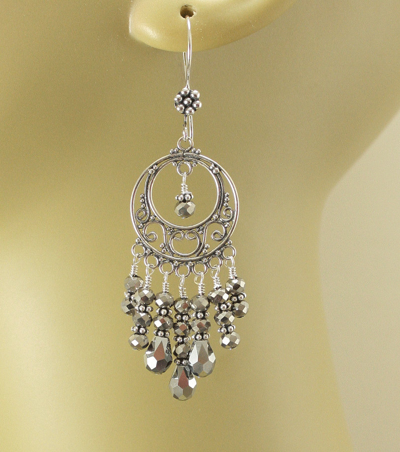 Bold Sterling Silver Chandelier Earrings Silver Crystal Gypsy