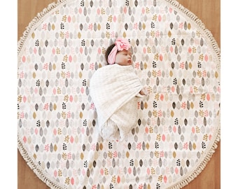 Round baby play mat organic cotton leaf print Deer and Dot Baby Roundies Round Rug Tummy Time Nursery Baby Blanket Blanky Flatlay Play Rug