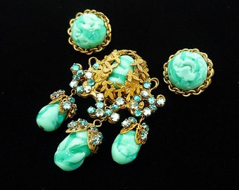 Vintage SIGNED Miriam Haskell Turquoise Brooch Earring Set, Miriam Haskell Jewelry, Miriam Haskell Brooch, Antique Jewelry Set