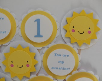 You Are My Sunshine 1st Birthday Cupcake Toppers - Yellow, Blue and White - Child Party Decorations - Set of 12