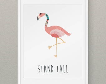 Flamingo Print Art Above Crib Decor, Flamingo Wall Print Art, Tribal Nursery Decor, Girls Nursery Wall Art - Tribal Flamingo Stand Tall