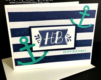 Nautical Themed Happy Birthday Greeting Card, Turquoise Anchors, Hashtag Happy Birthday, Blue Striped Handmade Card