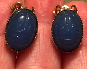 Vintage Costume Jewelry Blue Scarab Clip On Earrings