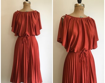 1970s Pumpkin Pleated Disco Dress 70s