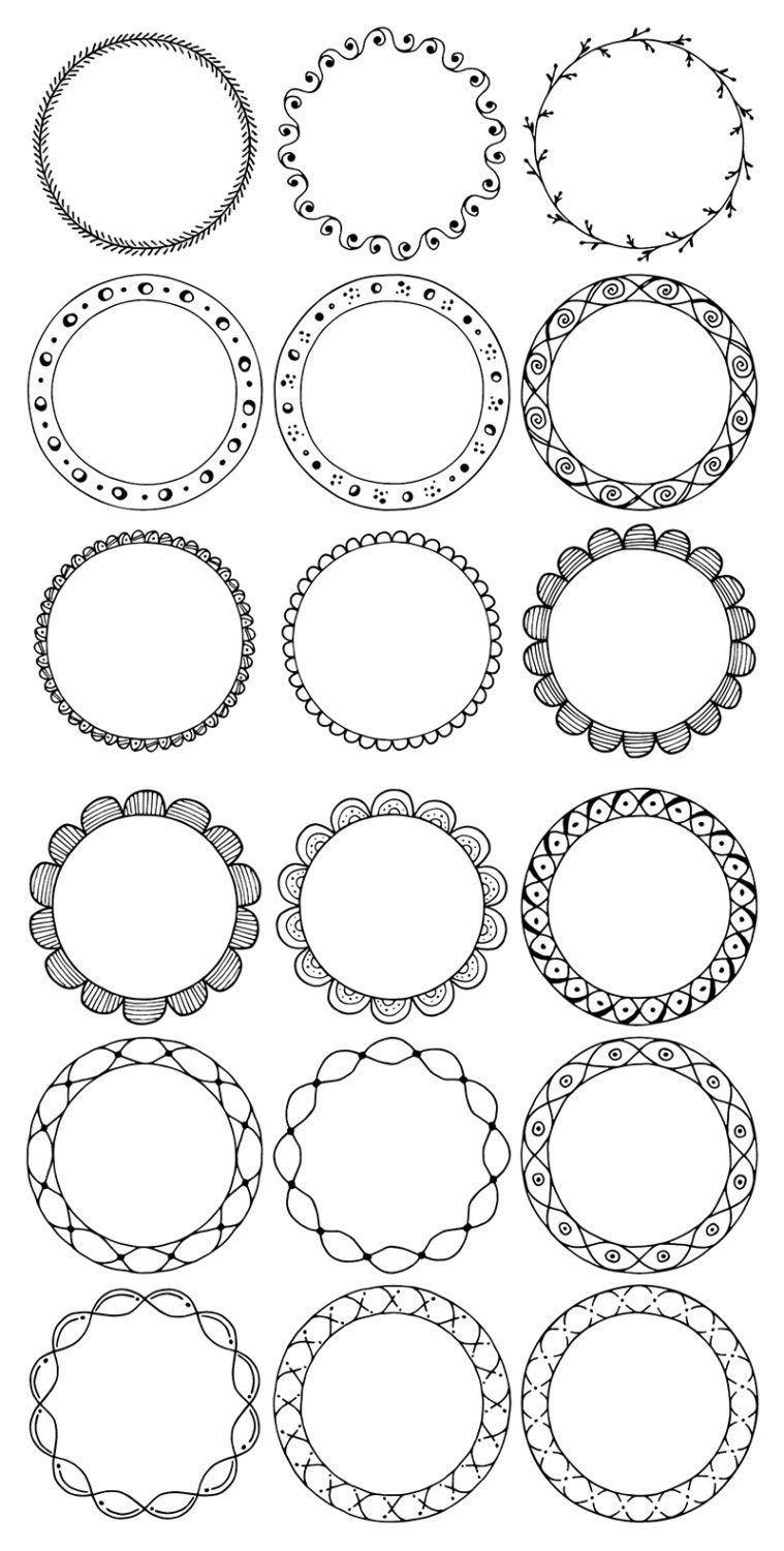 36 Hand Drawn Decorative Round Frames Circle Borders: Floral