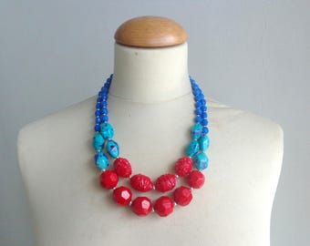 Chunky Double Strand Statement Necklace Turquoise, Blue, Anthropologie, modern tribal, statement, royal blue red turquoise, summer necklace