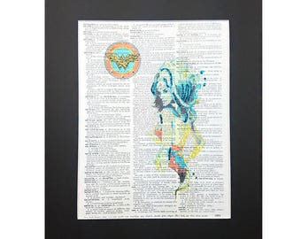 Super Mega Wonder Woman on Vintage Dictionary Page Art Print, Wall Decor, Digital Manipulation with Sparks of Glitter,