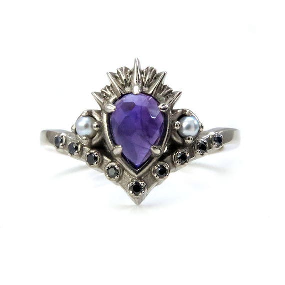 Ursula the Sea Witch Engagement Ring - Rose Cut Amethyst with Seed Pearls and Black Diamonds