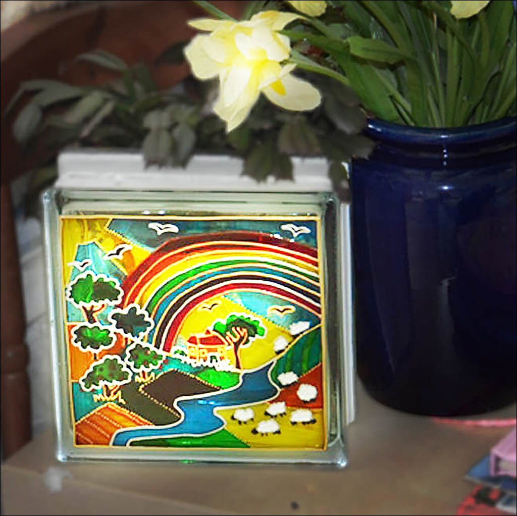 Rainbow Farm Painted Glass Block Night Light Sun Catcher