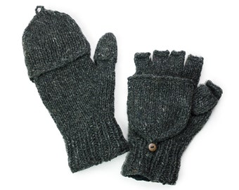 Wool Convertible Mittens, Texting Gloves, Hand Knit Glittens - Charcoal - 1559Y