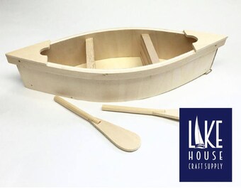 Bare Wood Canoe Boat with Oars. 9" Plain Wood Row Boat. Small Wood Row Boat Kayak 9" with Oars.