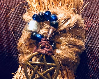 Besom (Witches' Broom): 9 inches. Mountain Laurel Handle, with Beads and Pentagram