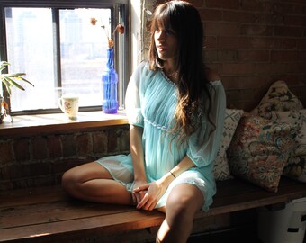DEJA | Vintage Sheer Lined Aqua Slip Mini Dress Lace 1960s