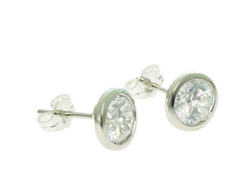 925 Sterling Silver CZ Earrings 7 mm, CZ bezel set earrings, small CZ earrings, petite earrings, silver earrings, silver earrings, studs