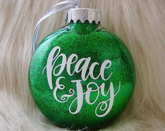 Peace and Joy Christmas Tree Ornament - Glittery Disc Ornament - Available in Red, Green, and Champagne