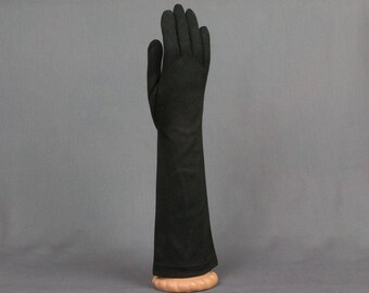 Vintage Black evening gloves 13 1/2 inches in length 3 inch palm Flared Pristine condition Elbow length black gloves