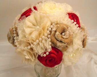 Red Burlap Wedding Bouquet, Bridal Bouquet, Vintage Bouquet, Shabby Chic Bouquet, Burlap Bouquet, Pearls. Red, Burlap and Lace Bouquet