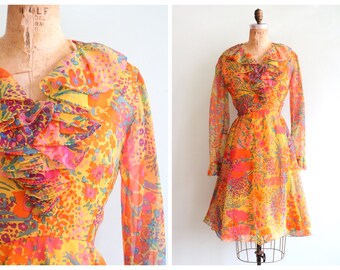 Vintage 1960's Yellow Floral Ruffled Dress | Size Medium