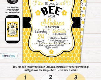 bee birthday party invitation set printable digital diy