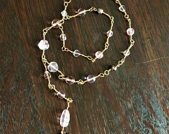 Pink and Rose Glass Beads and Gold and Copper Tone Twisted Wire Chain Y-Necklace with Heart Charm