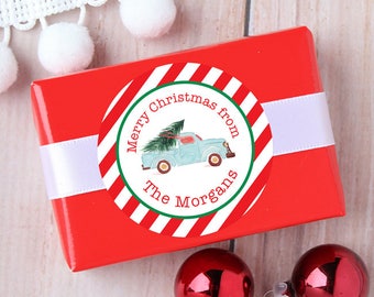 Christmas Stickers - Personalized Gift Labels - Vintage Watercolor Truck - Sheet of 12 or 24
