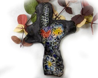 Handmade ceramic wall cross - OOAK Wall Cross - Sculpture Ceramic Cross - Home Decor Cross - Cross for Wall - Decorated Art Wall Cross, # 1