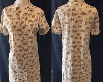 35% off Sale 1960 Creme with golden brown shirt dress medium small