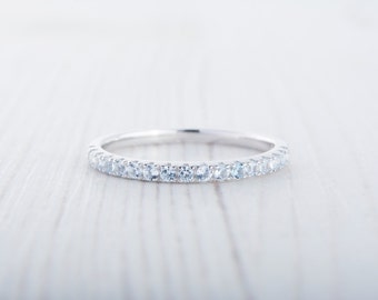 1.8mm wide natural Aquamarine Half Eternity ring in white gold or Silver - stacking ring - wedding band - handmade engagement ring