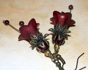 Lucite Earrings, Flower Earrings, 'Cranberry', Victorian Earrings, Boho Earrings, Drop Earrings, Red Flower Earrings, Mother's Day Gift