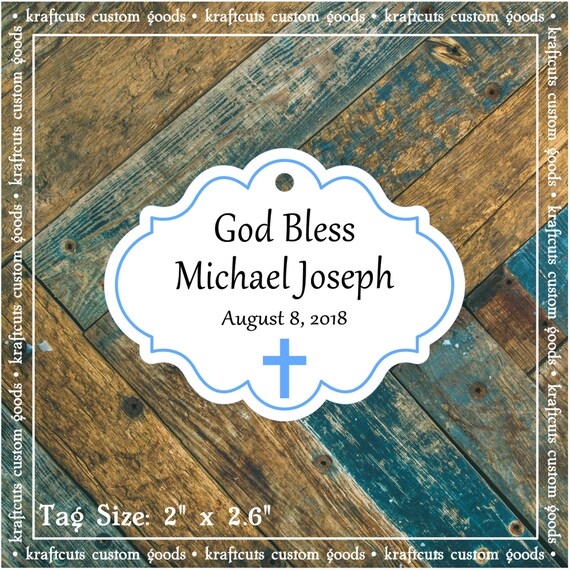 Personalized Baptism, Christening or First Communion God Bless Religious Favor Tags - Baby Boy Blue Border #780 - Quantity: 30 Tags