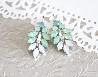 Mint green earrings, Bridal earrings, White opal earrings, Bridal jewelry, Chandelier earrings, Green opal earrings, Statement earrings