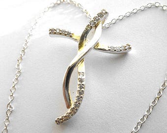 STERLING Silver CRYSTAL Cross, NOS Infinity 925 Cross & Neck Chain, Hallmarked Sterling Cross Necklace, New Old Stock Sterling Silver Cross