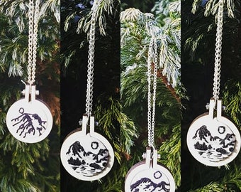 Hand embroidered,mini embroidery hoop necklace,gift,Landscape Mountains:Blencathra, Scafell Pike, Buttermere and Catbells, the Lake District