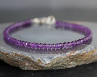 Amethyst Bracelet, February Birthstone, All Amethyst, Gemstone Dainty Beaded Bracelet, Sterling Silver, Purple Bracelet