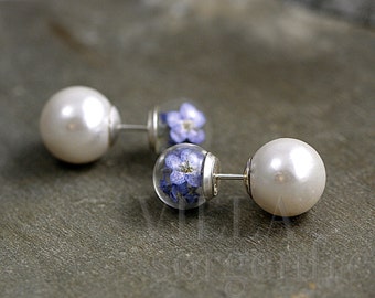 Sterling double sided real forget me not studs. Glass orbs filled with dried forget me nots and white pearls. Unique studs for her.