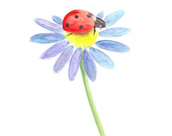 Printable watercolor art,Floral wall art, Floral print, Ladybug, Daisy, Floral decor,Kids room wall art, Nursery decor, Nursery print