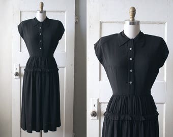 Vintage 1940s Black Rayon Crepe Dress / 40s Collared Dress w/ Celluloid Buttons / Lucretia Dress