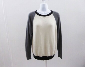 100% Cashmere Sweater Size M Gray Cream Black Trim Scoop Neck Ann Taylor Tunic