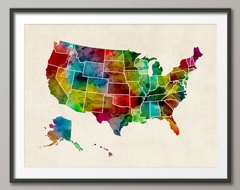Watercolor United States Map (USA), Art Print (1047)