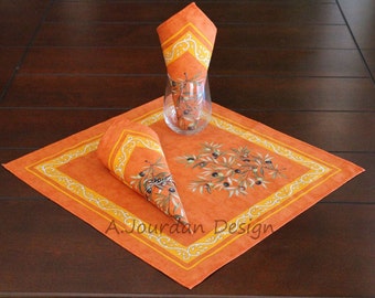 French Cotton Napkins Petite Olive Orange - 100% High Quality Cotton - Napkins set - French Provence Decor - French Country Home Decor Gifts