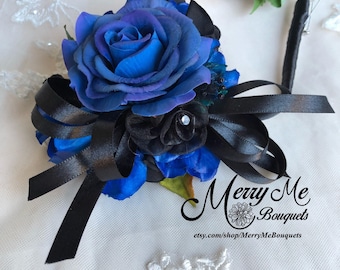 Royal Blue Corsage Set - Blue Boutonniere Set - Blue Corsage - Blue Wrist Corsage - Black and Blue Corsage - Black and Blue Boutonniere