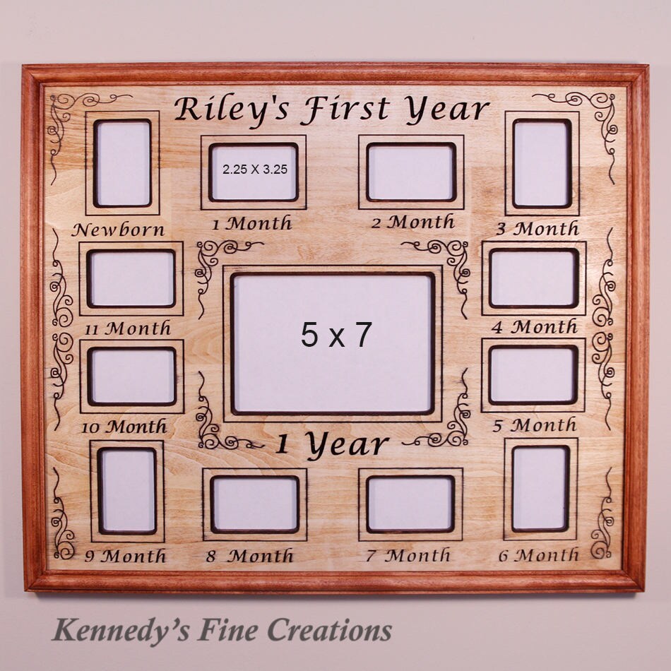 Personalized Baby First Year Engraved Stained Wood Picture Double Frame